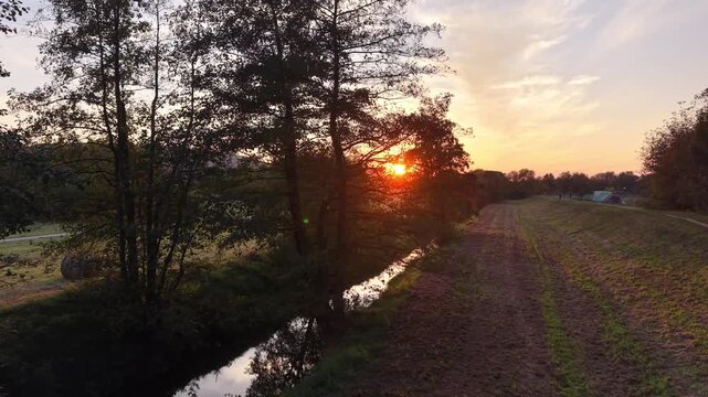 Golden sunset shining through a lone tree beside a winding stream and freshly cultivated fields in a peaceful rural landscape. Sunlight shining through dense green trees. Sun rays filter through branc