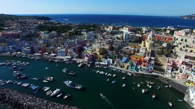 Coastal village and harbor seen from above on Procida Italy