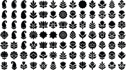 Fototapeta premium Black Silhouette Floral Motif Collection with Paisley, Lotus, Leaf and Flower Ornament Shapes