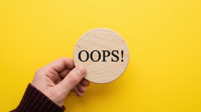 Hand Holding Wooden Circle with Oops Text Message on Bright Yellow Background for Error and Mistake Concept