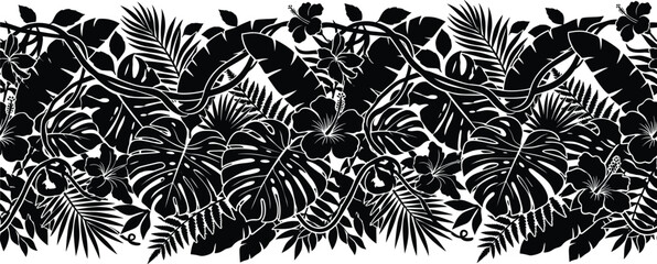 Black Tropical Jungle Seamless Border Pattern with Monstera, Hibiscus, Palm Fronds, Ferns, and Vines © MdBelal