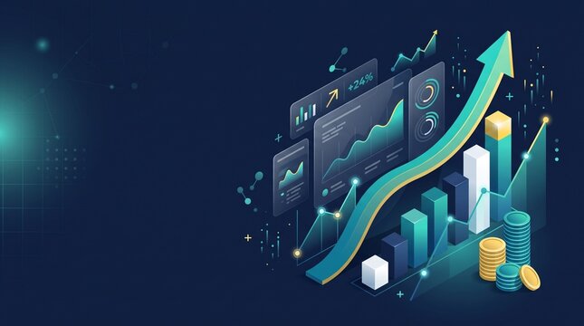 Business Growth Analytics Dashboard with Rising Bar Chart, Financial Graph, Investment Coins and Upward Arrow