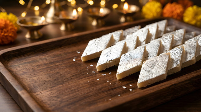 Kaju katli indian sweet dessert on wooden tray for diwali festival celebration isolated cutout