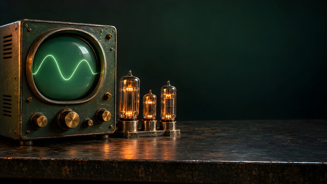 Vintage oscilloscope with glowing sine wave and vacuum tubes for physics education campaign visual