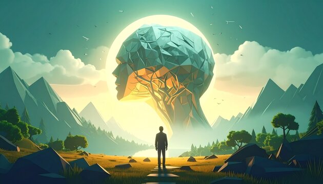 Person stands in a landscape with mountains and trees in front of a large sun and a head made of geometric shapes
