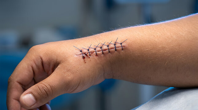 Detailed image of a stitched surgical wound on a person's arm, showing sutures and healing skin, taken in a medical setting for healthcare or medical treatment context.