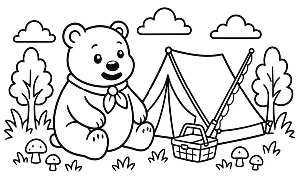 Cute teddy bear camping outdoors sitting near tent and fishing rod vector design line art illustration coloring page for kids