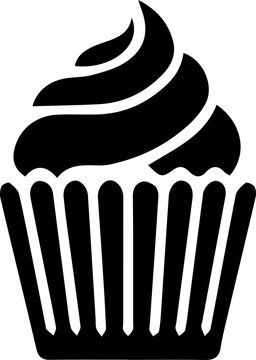 Black silhouette vector icon of a cupcake with a swirled frosting top and a ridged paper baking cup.