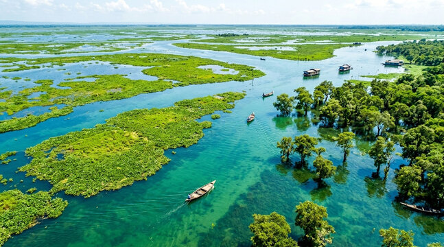 Aerial drone view of Tanguar Haor wetland tapestry with submerged swamp forest and turquoise water channels in Sunamganj Sylhet Bangladesh.