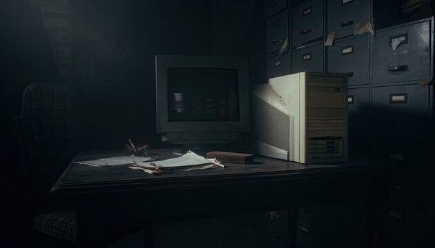 Old Computer and Box in Dark Room with Filing Cabinets.