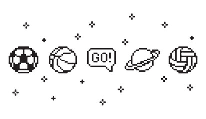 Pixel art sports and space icon set featuring soccer ball basketball and planet on transparent checkered backdrop. © milon