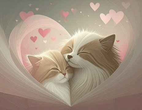 Two cats cuddling inside a heart surrounded by pink hearts in a soft background