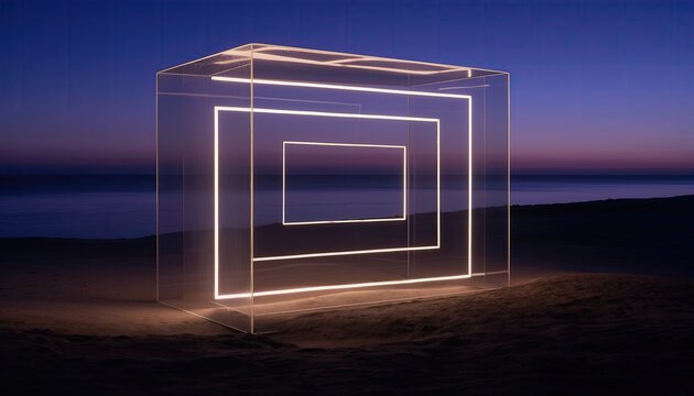 Illuminated Geometric Cube Installation on a Serene Beach at Dusk.