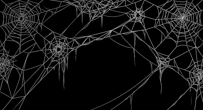Creepy white spider webs with a tangled, messy appearance against a solid black background, ideal for halloween