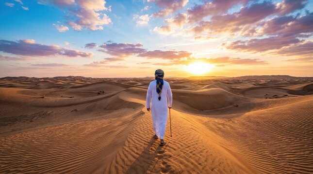 Man in Traditional Arab Clothing Walking Through Vast Desert Sand Dunes During a Beautiful Golden Sunset