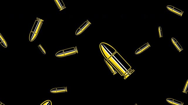 Falling Bullets on a Transparent Alpha Background Animation. Bullet Rain. Vector illustration style bullets fall from above. 4K Seamless loop.