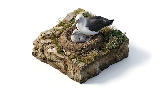 Black browed albatross with soft grey chick inside mud nest on rocky cliff side terrain over white background.