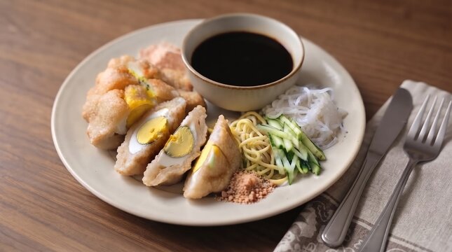 Traditional Indonesian pempek kapal selam, egg-stuffed fried fish cake served with cuko sauce, noodles, rice vermicelli, cucumber, and ground ebi on a ceramic plate over a wooden table.
