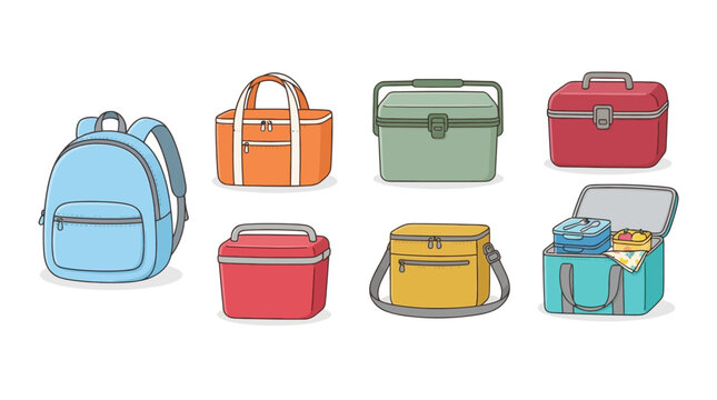 Colorful insulated bags and backpacks displayed in flat illustration