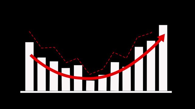 Animation of business growth info graph with rising up arrow ; Financial data graphic increasing profit digital bussines, with black screen back g.