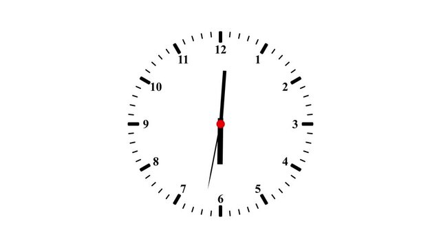 A simple analog white clock face with black numerals and hands is displayed against a solid black background. Minimalist Analog Clock Isolated .
