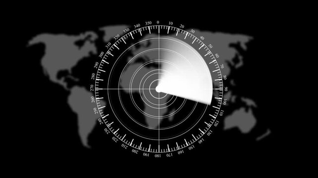 Rader radar icon. Technology world map radar screen animation on map background.