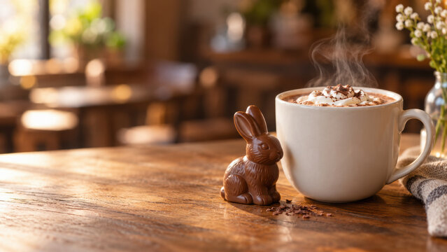 Chocolate bunny shapes beside warm cocoa drink on rustic wooden table create cozy cafe scene with gentle morning light and charm
