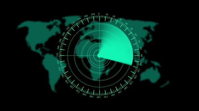 Rader radar icon. Technology world map radar screen animation on map background.