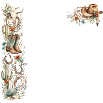 Watercolor Western Left Side Border With Boots And Corner Hat