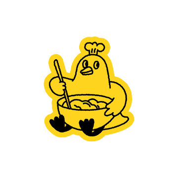 Vector Playful quirky doodle hand drawn illustration, animal mascot and character for coffee shop, cafe, food delivery, packaging, menus and stickers, line art cartoon dark making bread