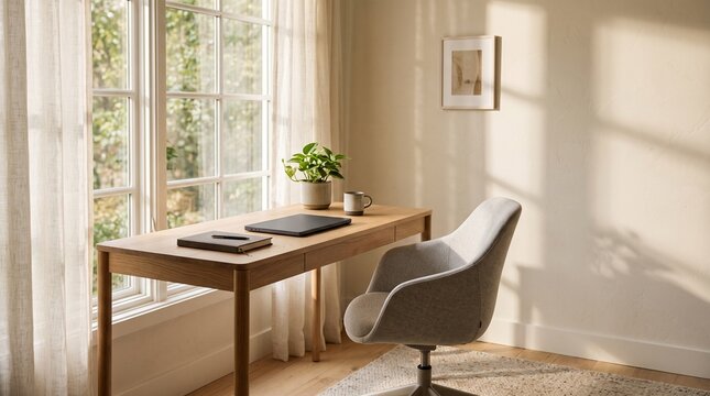 Tasteful minimalist coffee table styling in a sunlit contemporary living room, pale oak table, sculptural beige ceramic vase, a few neutral hardcover books, folded linen textile, natural daylight from