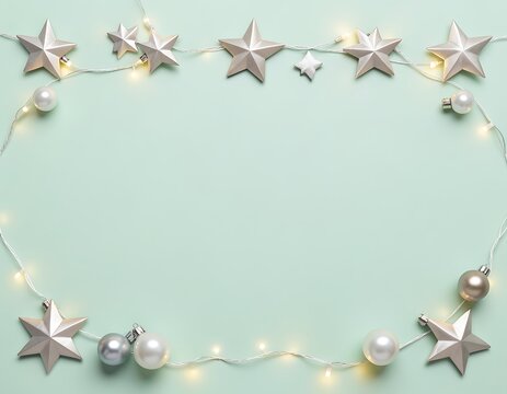 Silver star ornaments and warm fairy lights arranged in a festive frame against a soft mint background