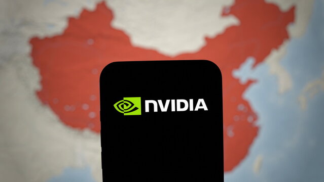 Front view of the Nvidia logo displayed on a smartphone in front of a map highlighting China. October 4, 2026, Lisbon, Portugal.