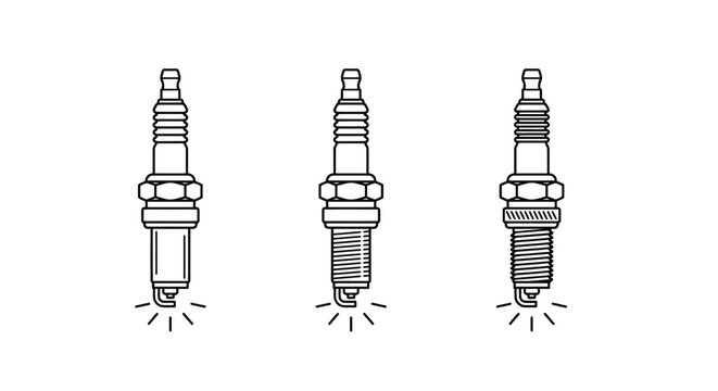 Three spark plugs depicted as a linear vector illustration on a white background
