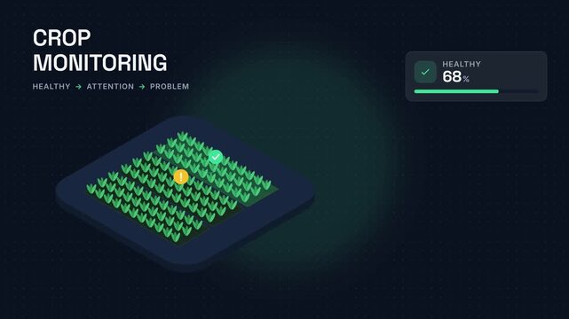 Isometric smart agriculture dashboard showing automated crop monitoring health diagnostic system with plantation telemetry interface and precision farm field data analytics
