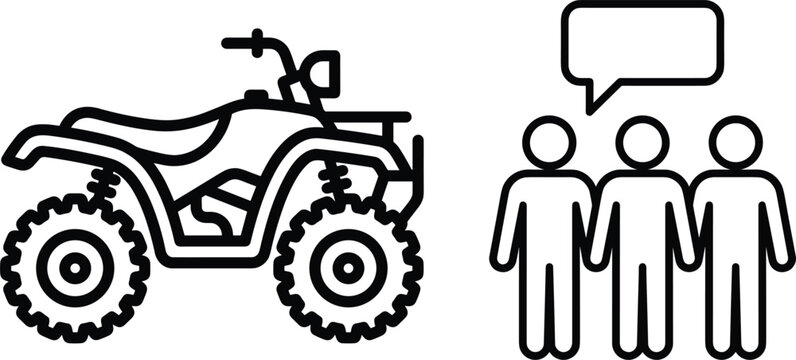 All terrain vehicle ATV quad bike outline icon beside people talking group with speech bubble line graphic.eps