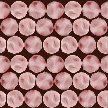 Seamless pattern watercolor geometric red circle dot polka striped burgundy background. Hand drawn round shape dotted geometrical illustration. Wallpaper, textile, design, wrapping paper, texture