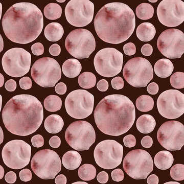 Seamless pattern watercolor geometric red circle dot on burgundy background. Hand drawn dotted round shape geometrical illustration. For wallpaper, wrapping paper, texture, textile, design