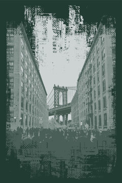 New York City Manhattan Bridge view from Brooklyn, framed by historic urban buildings. Vintage vector illustration with distressed grunge textures, halftone effects and dark green monochrome colors. 