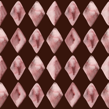 Seamless pattern watercolor geometric red rhombus on burgundy background. Hand drawn rhomb diamond geometrical illustration. For wallpaper, wrapping paper, texture, textile, design