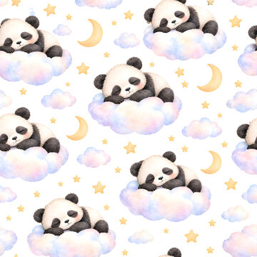 Watercolor Sweet sleeping panda on a soft pastel cloud Seamless Pattern - Tileable Pattern Design for Nursery & Baby Decor