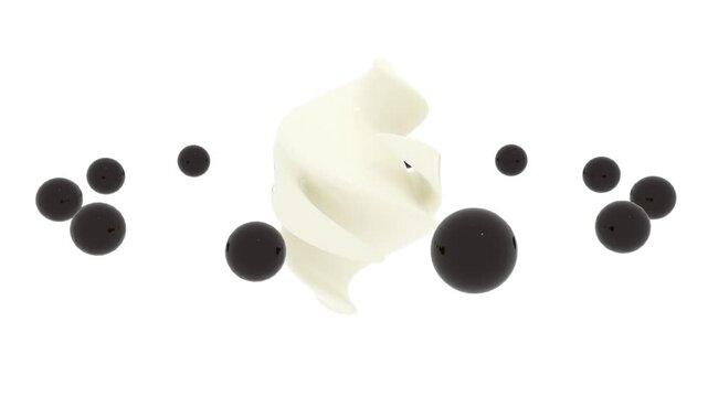 Abstract 3D animation of a soft white spiral-shaped sculptural form rotating among floating black spheres on a clean white background. Minimalist monochrome composition with smooth organic geometry