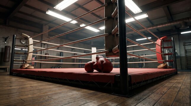 Red boxing gloves resting on the canvas in a dimly lit vintage boxing ring