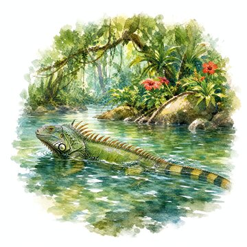 Green Iguana Swimming Across a Jungle River, Watercolor Art