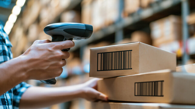Worker scanning barcode on cardboard boxes in warehouse