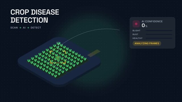 Isometric crop disease detection interface showing smart agriculture AI plant pathology diagnosis with automated farm scanning telemetry and precision field health analytics