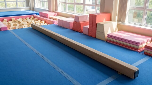 Gymnastics training room with balance beam and foam pit