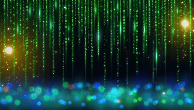 Abstract Green Digital Rain with Bokeh Lights.