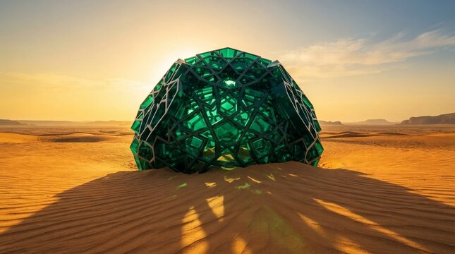 Futuristic green metallic cube installation in the middle of a vast desert