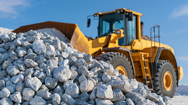 Yellow front loader scoops rocks on construction site